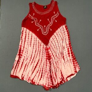 Rima Boho Mini Tunic Dress Free Size Tie Dye Embroidered Sleeveless Red White